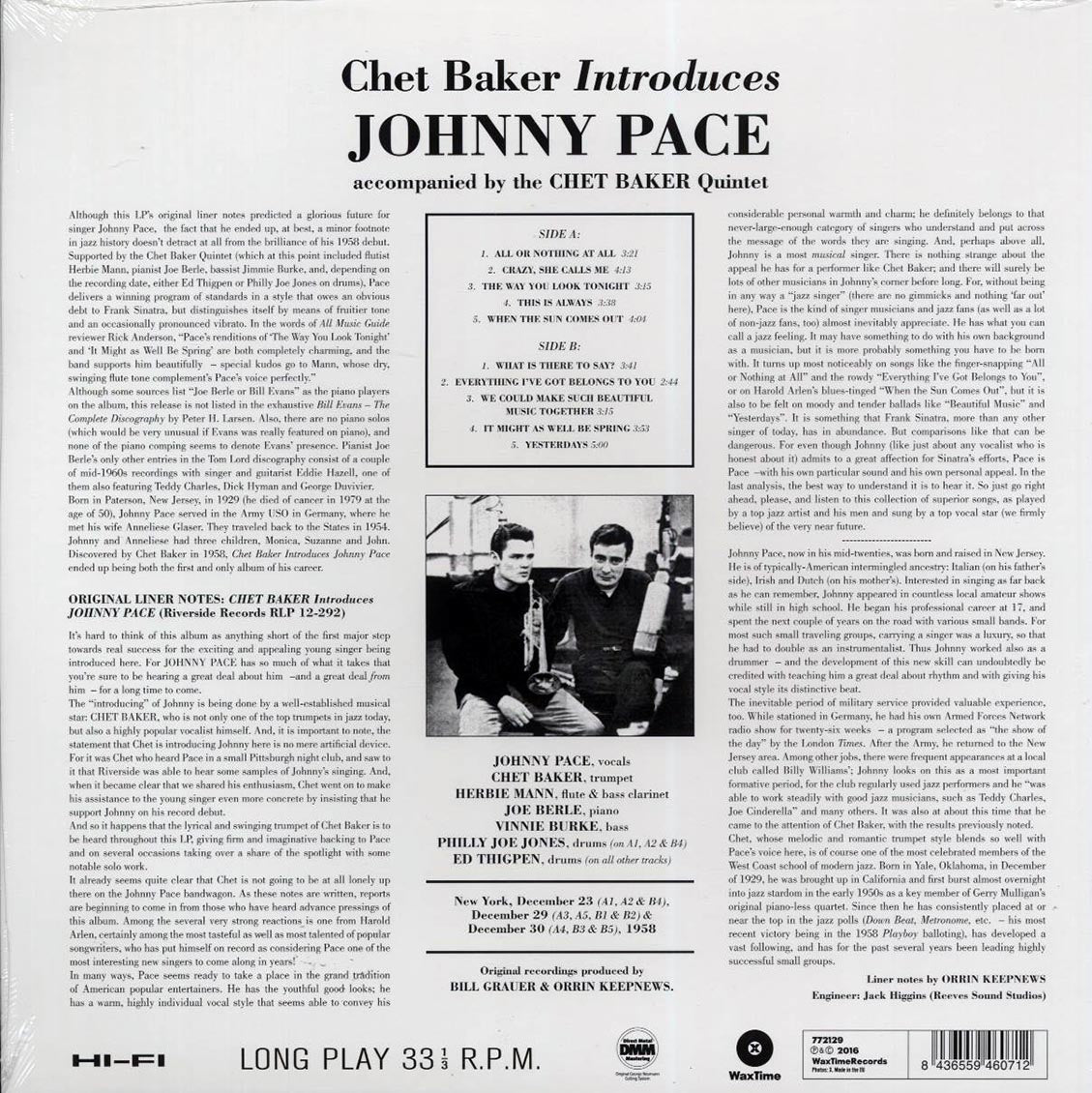 Chet Baker - Chet Baker Introduces Johnny Pace Accompanied By Chet Baker Quintet (ltd. ed.) (180g) vinyl LP back cover