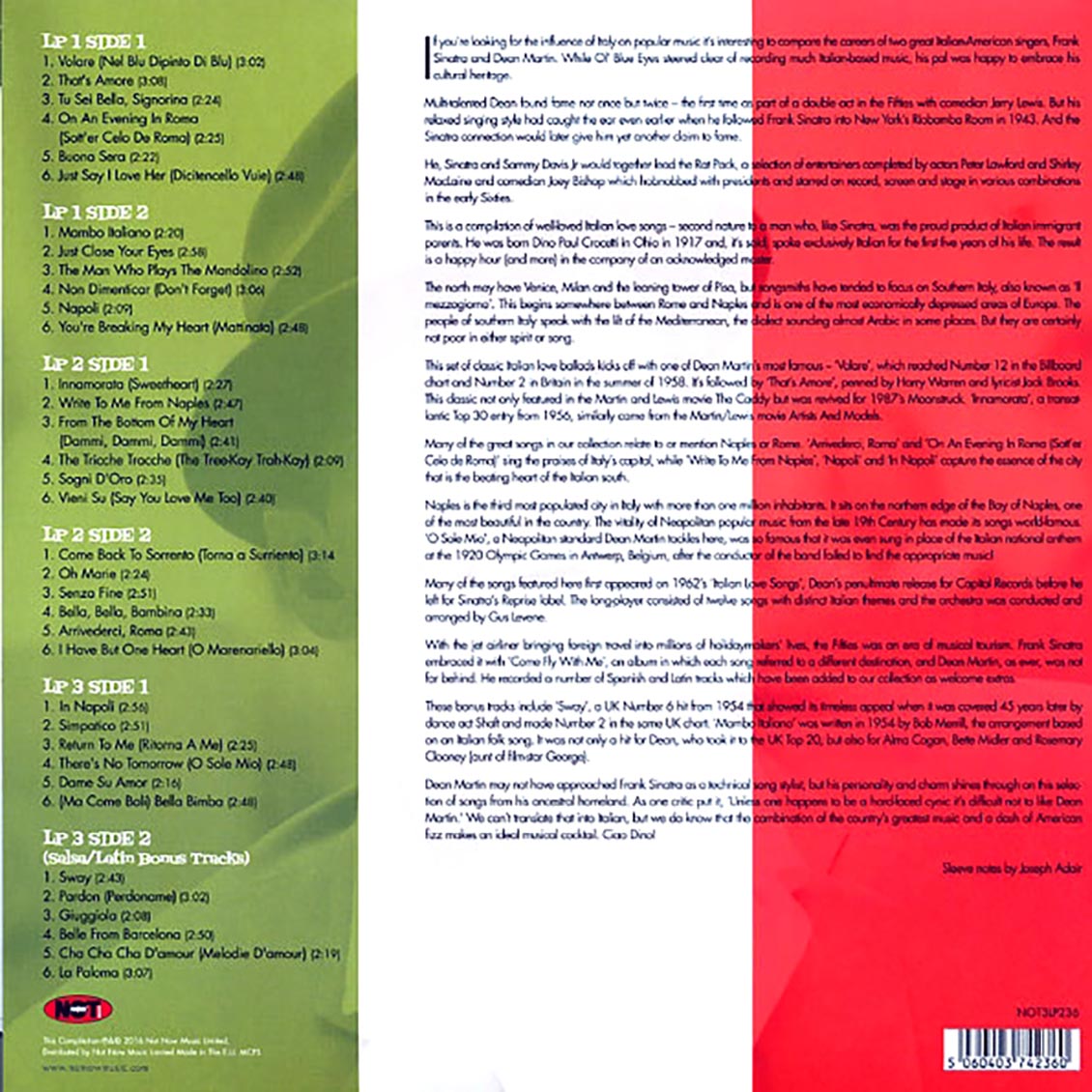 Dean Martin - Italian Love Songs (3xLP) (green, white, red vinyl) vinyl LP back cover