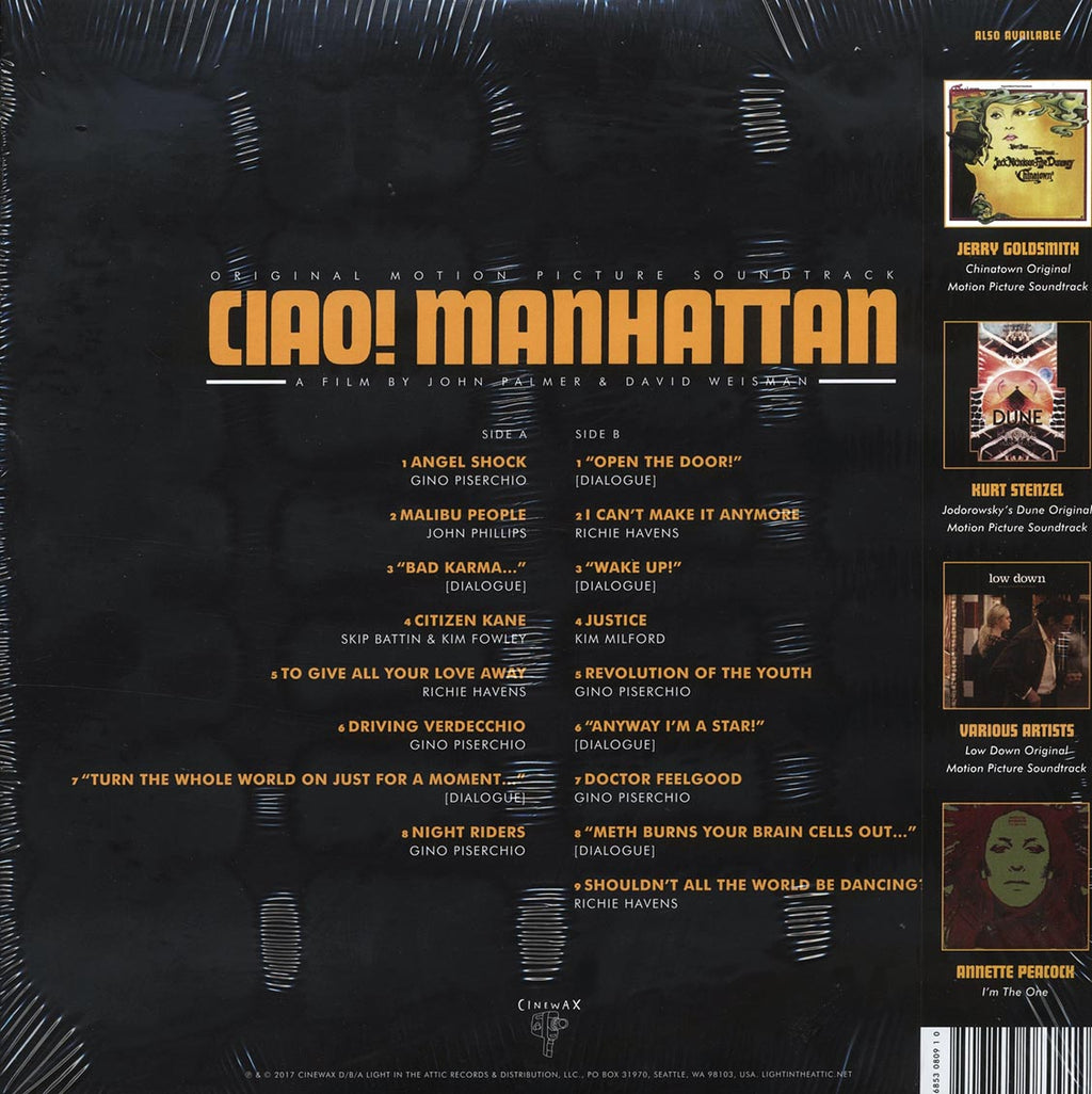 Edie Sedgwick, Gino Piserchio, John Phillips, Etc. - Ciao! Manhattan Original Motion Picture Soundtrack (RSD 2017) (ltd. ed.) (colored vinyl) vinyl LP back cover