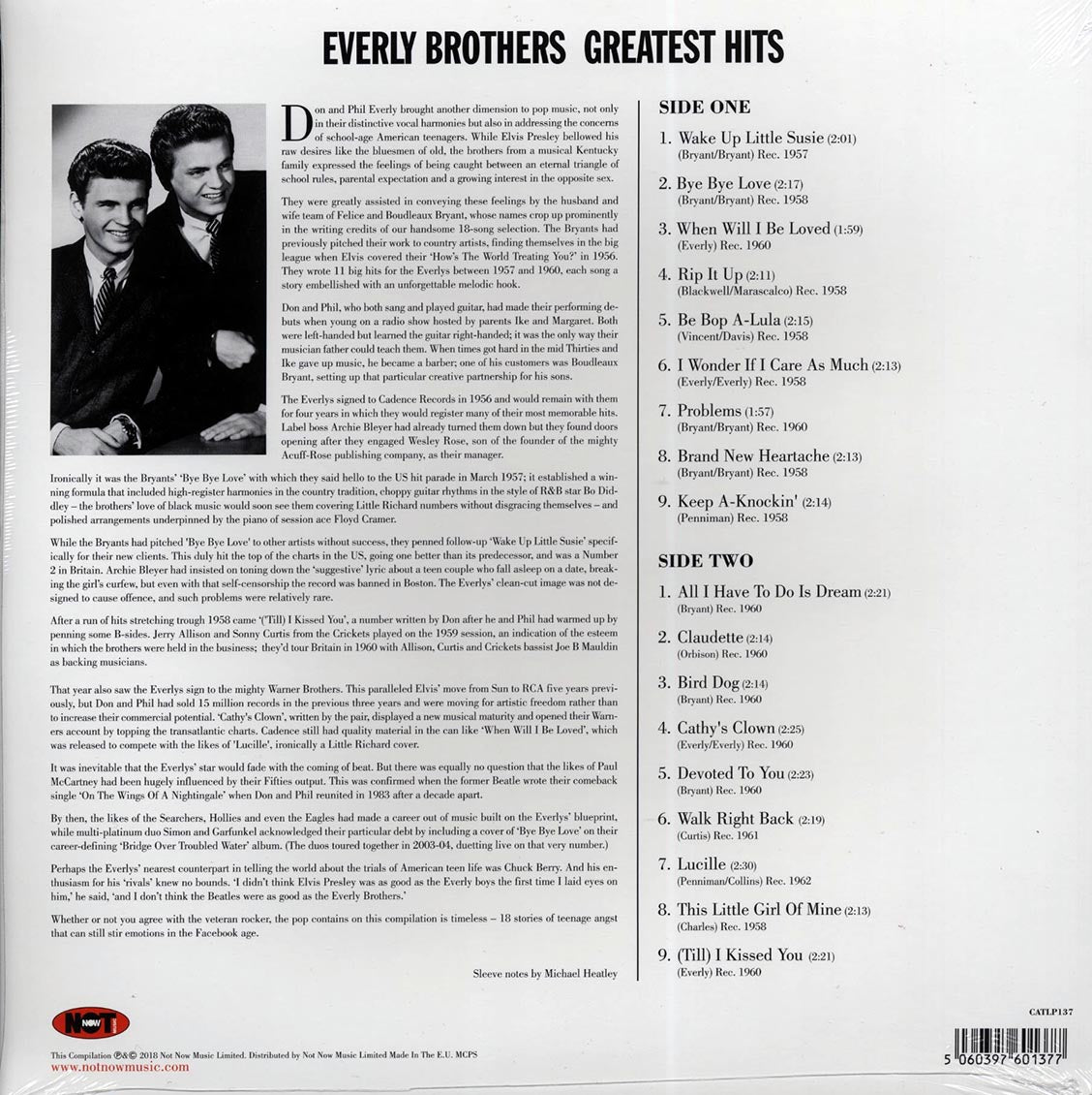 The Everly Brothers - Greatest Hits (180g) vinyl LP back cover