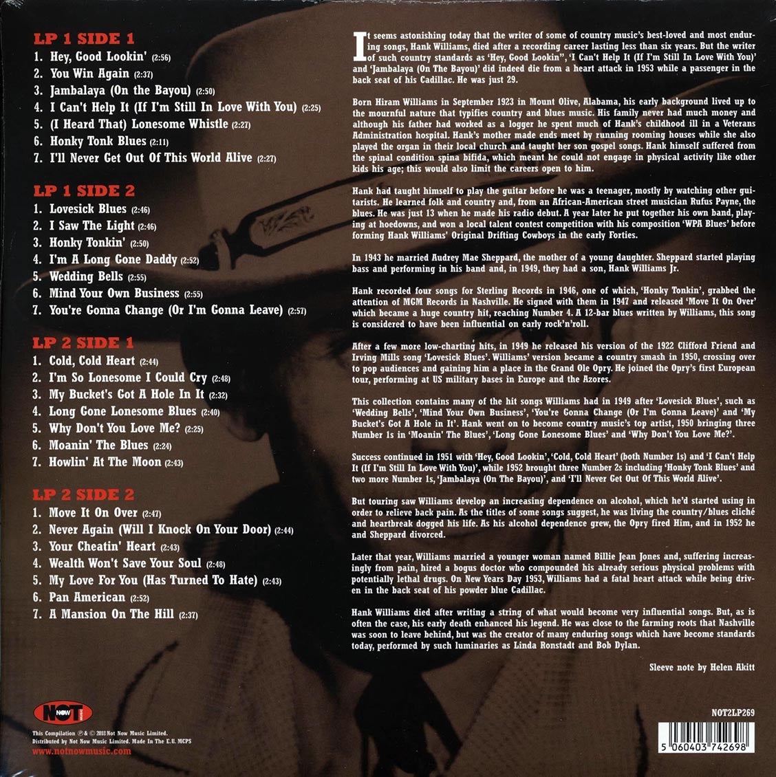 Hank Williams - The Very Best Of Hank Williams (2xLP) (180g) (red vinyl) vinyl LP back cover