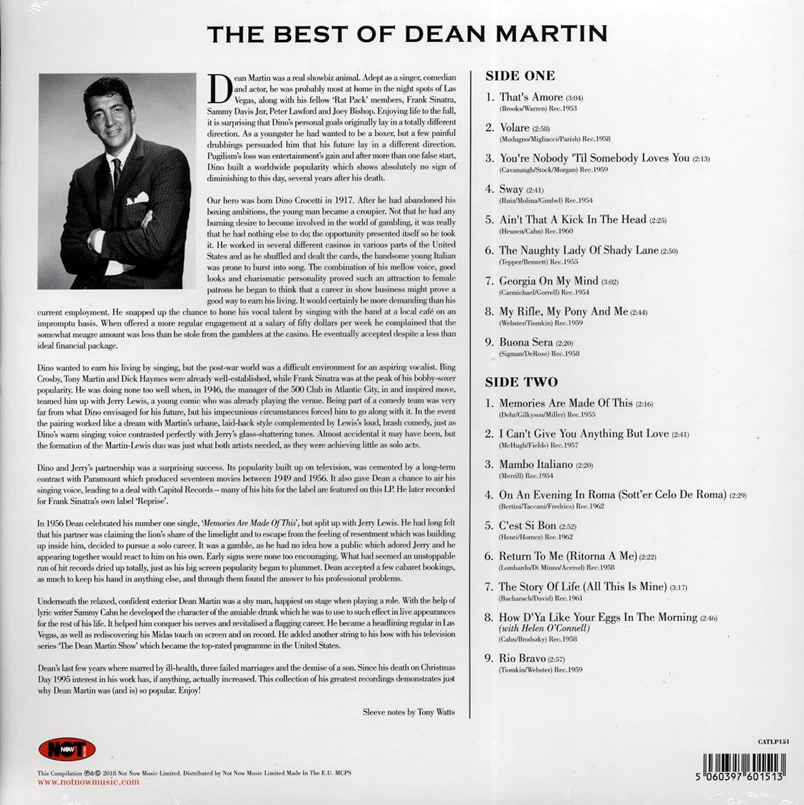 Dean Martin - The Best Of Dean Martin (180g) vinyl LP back cover