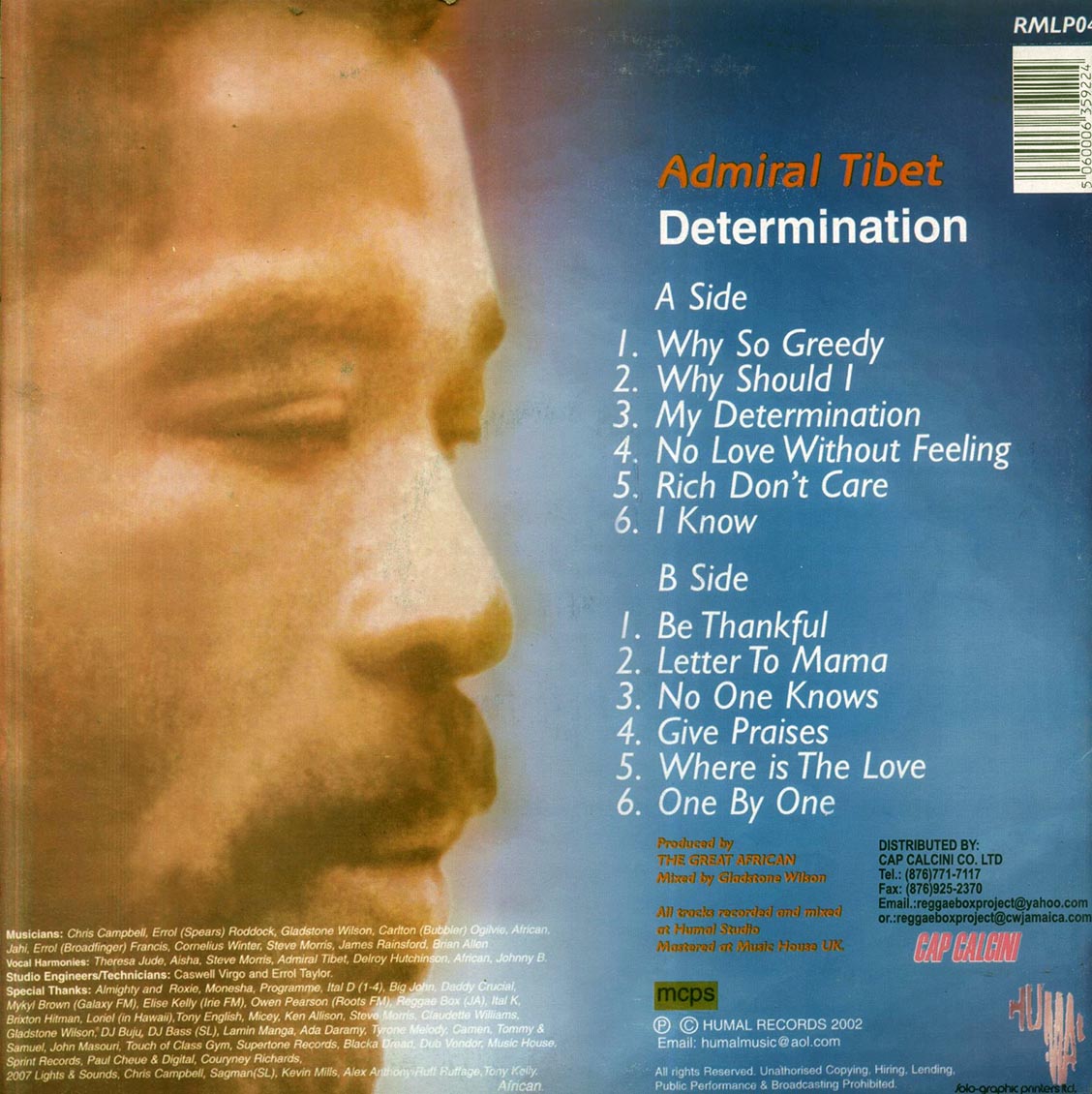 Admiral Tibet - Determination (Jamaica press) (orig. press) vinyl LP back cover