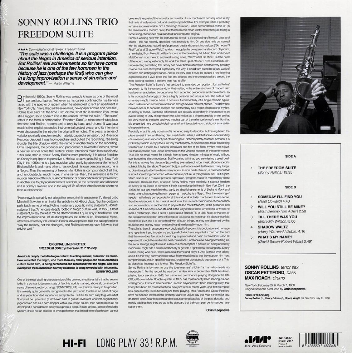 Sonny Rollins - Freedom Suite (+bonus track) (ltd. ed.) (180g) vinyl LP back cover