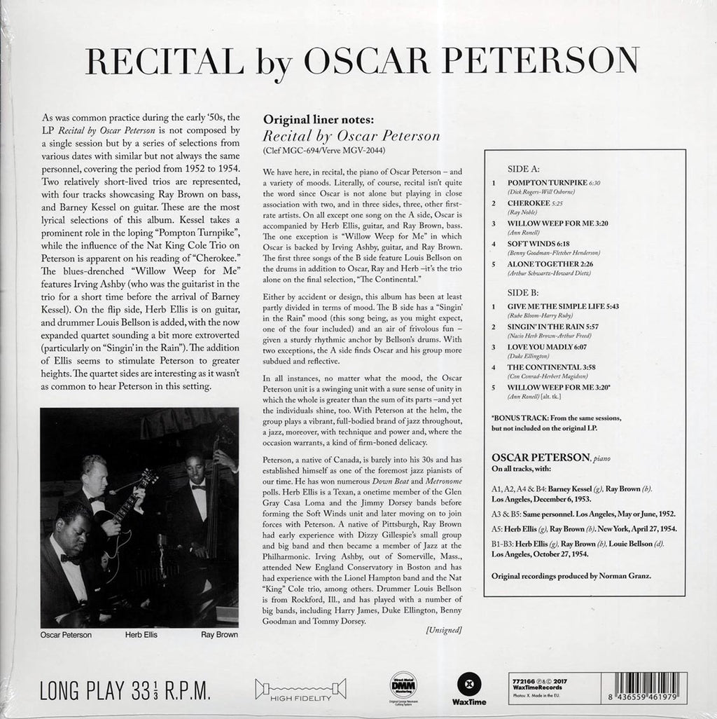Oscar Peterson - Recital By Oscar Peterson (+bonus track) (ltd. ed.) (180g) vinyl LP back cover