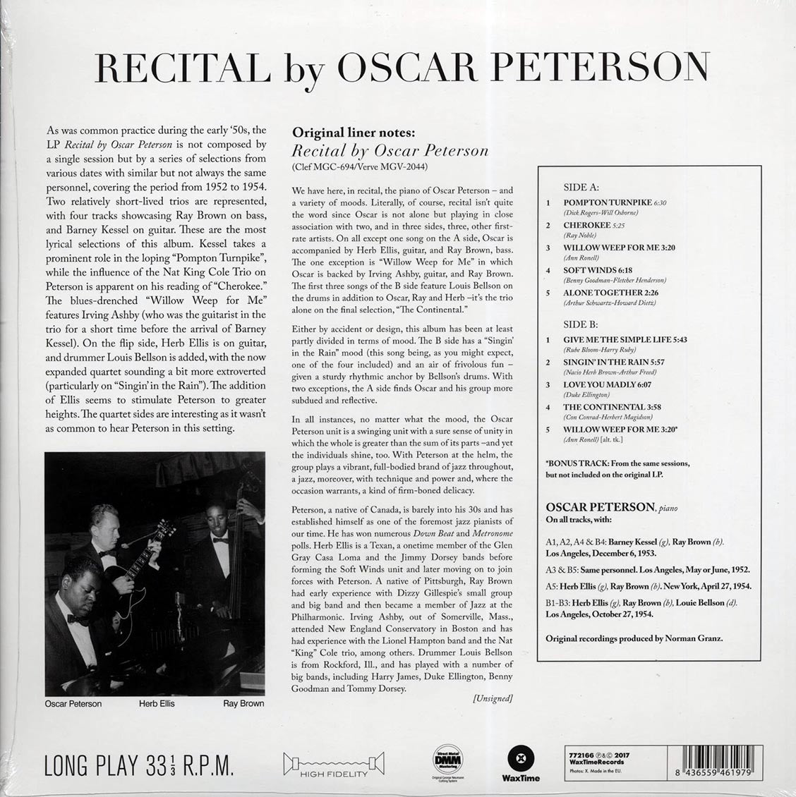 Oscar Peterson - Recital By Oscar Peterson (+bonus track) (ltd. ed.) (180g) vinyl LP back cover