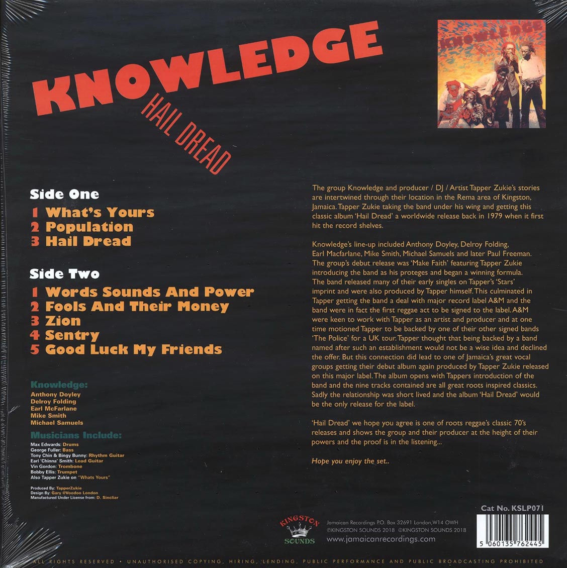 Knowledge - Hail Dread (180g) vinyl LP back cover