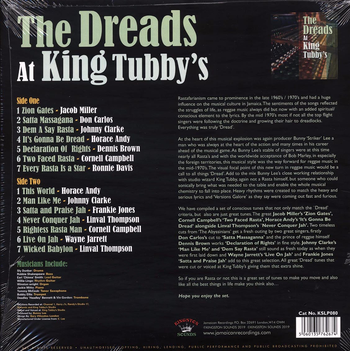 Jacob Miller, Don Carlos, Wayne Jarrett, Linval Thompson, Etc. - The Dreads At King Tubby's (180g) vinyl LP back cover