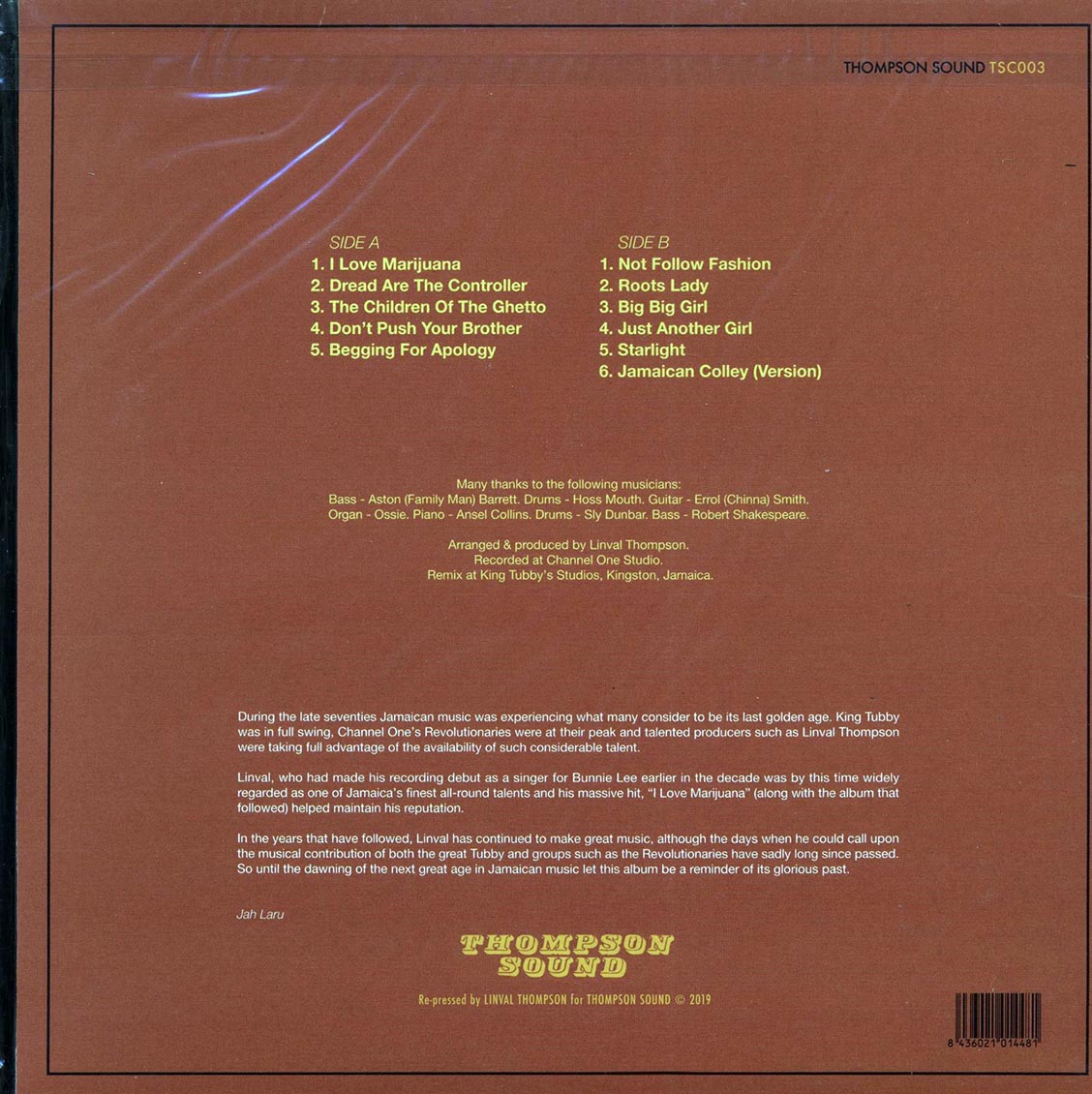 Linval Thompson - I Love Marijuana vinyl LP back cover