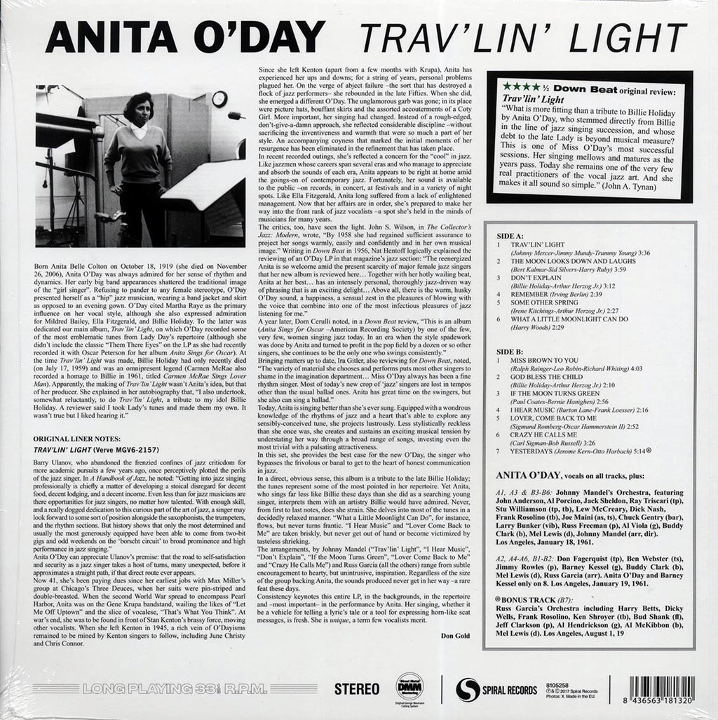 Anita O'Day - Trav'lin' Light (+bonus track) (ltd. ed.) (180g) (remastered) vinyl LP back cover