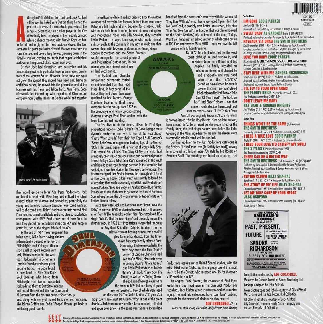 Sandra Richardson, Billy Sha-rae, Eddie Parker, Etc. - Jack Ashdord's Just Productions vinyl LP back cover
