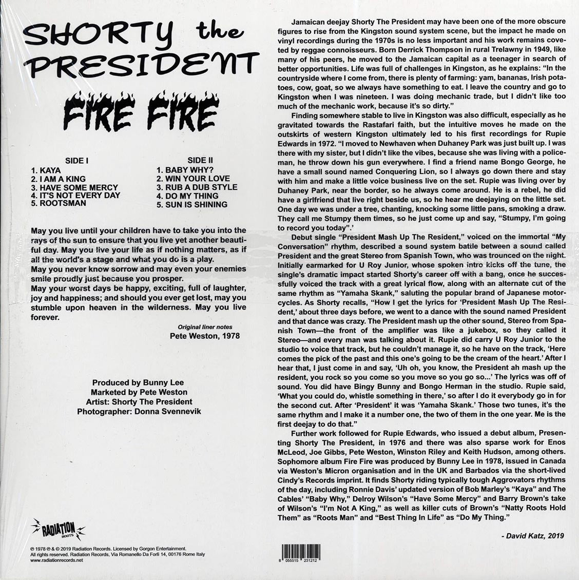 Shorty The President - Fire Fire vinyl LP back cover