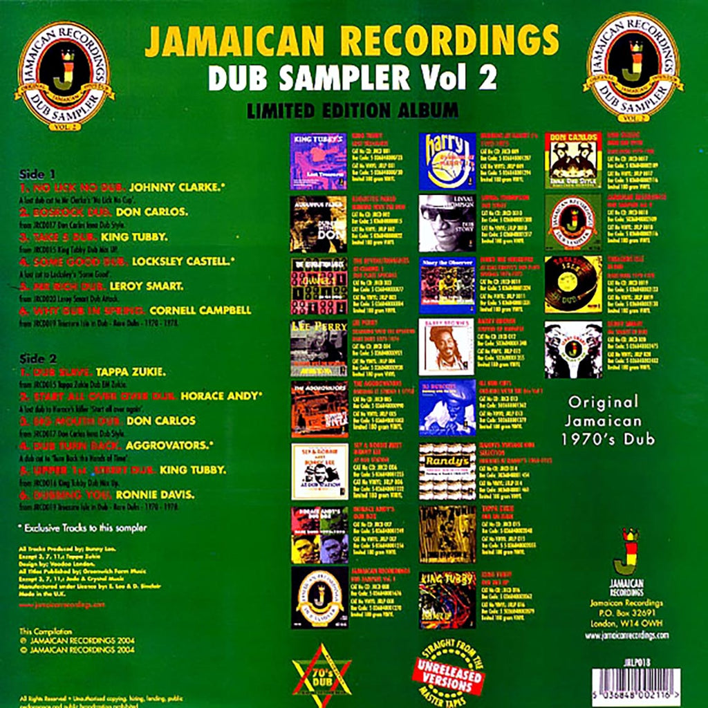 Don Carlos, Lacksley Castell, Johnny Clarke, Etc. - Jamaican Recordings Dub Sampler Volume 2 (180g) vinyl LP back cover