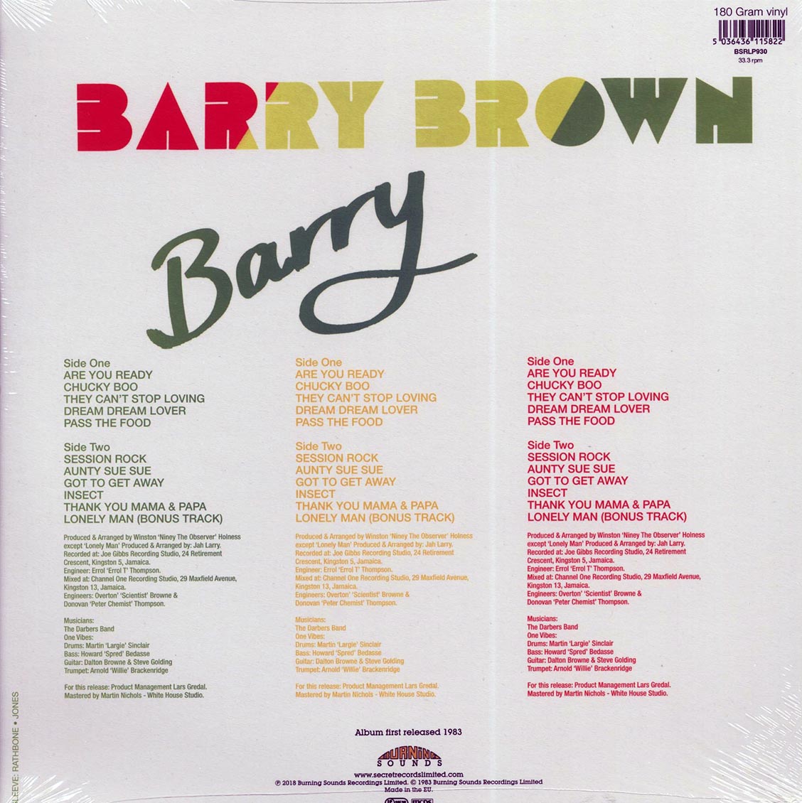 Barry Brown - Barry (180g) vinyl LP back cover