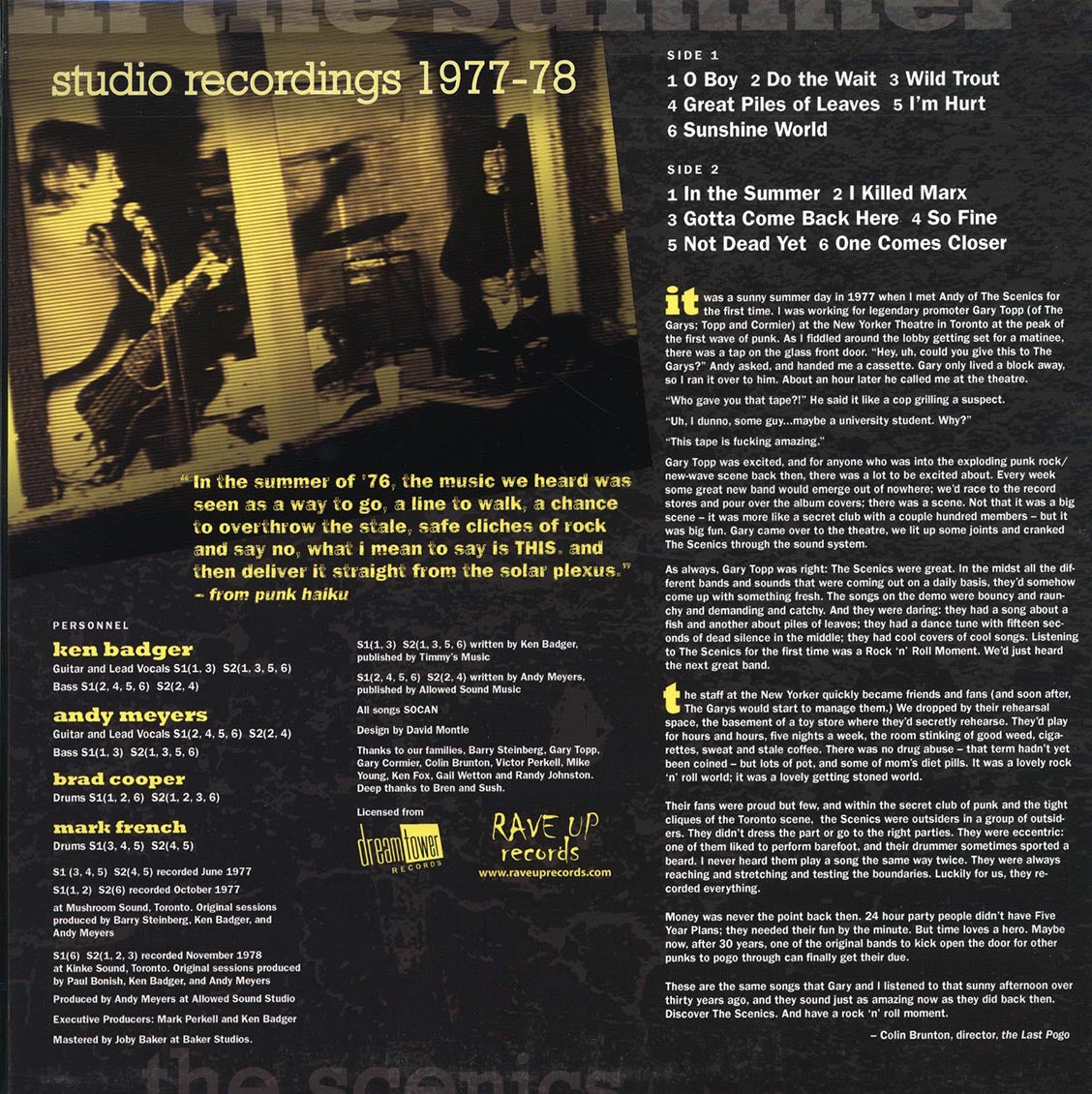 The Scenics - In The Summer: Studio Recordings 1977-78 vinyl LP back cover