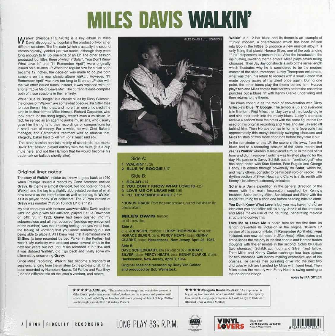 Miles Davis - Walkin' (+bonus track) (ltd. ed.) (180g) vinyl LP back cover