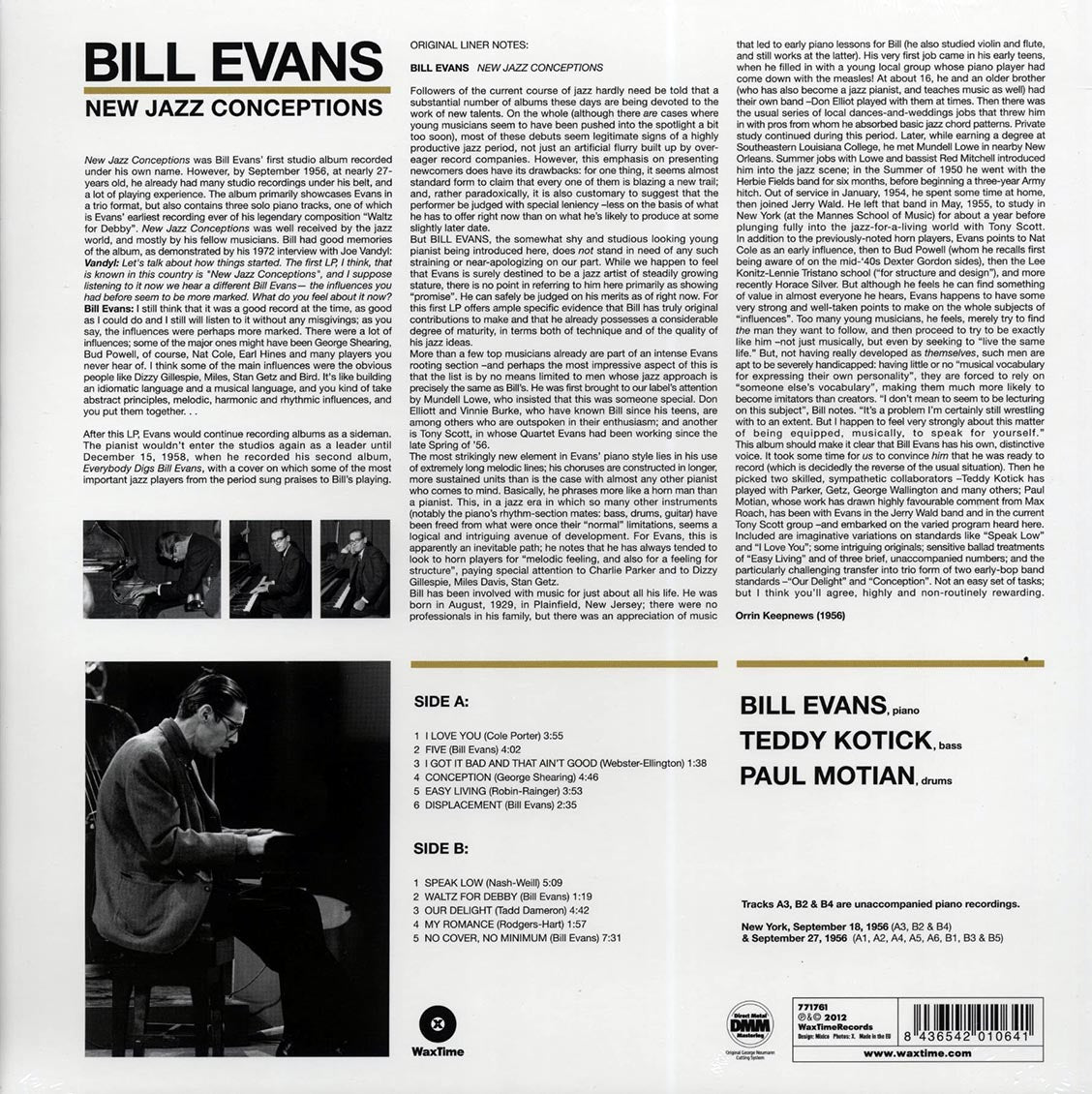 Bill Evans - New Jazz Conceptions (ltd. ed.) (180g) (remastered) vinyl LP back cover