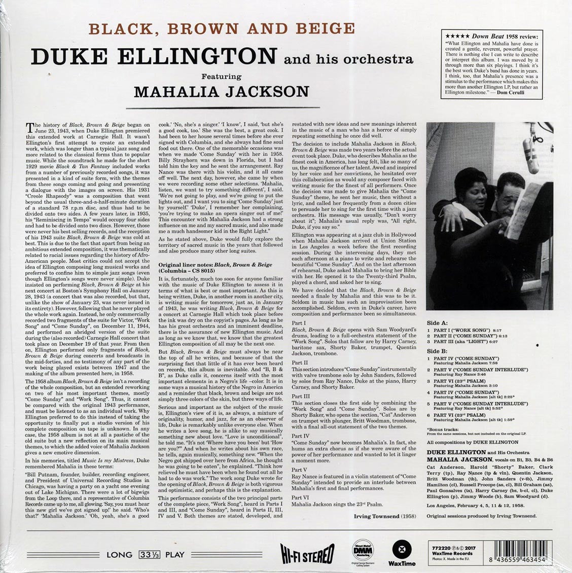 Duke Ellington & His Orchestra, Mahalia Jackson - Black, Brown And Beige (+3 bonus tracks) (ltd. ed.) (180g) (remastered) vinyl LP back cover