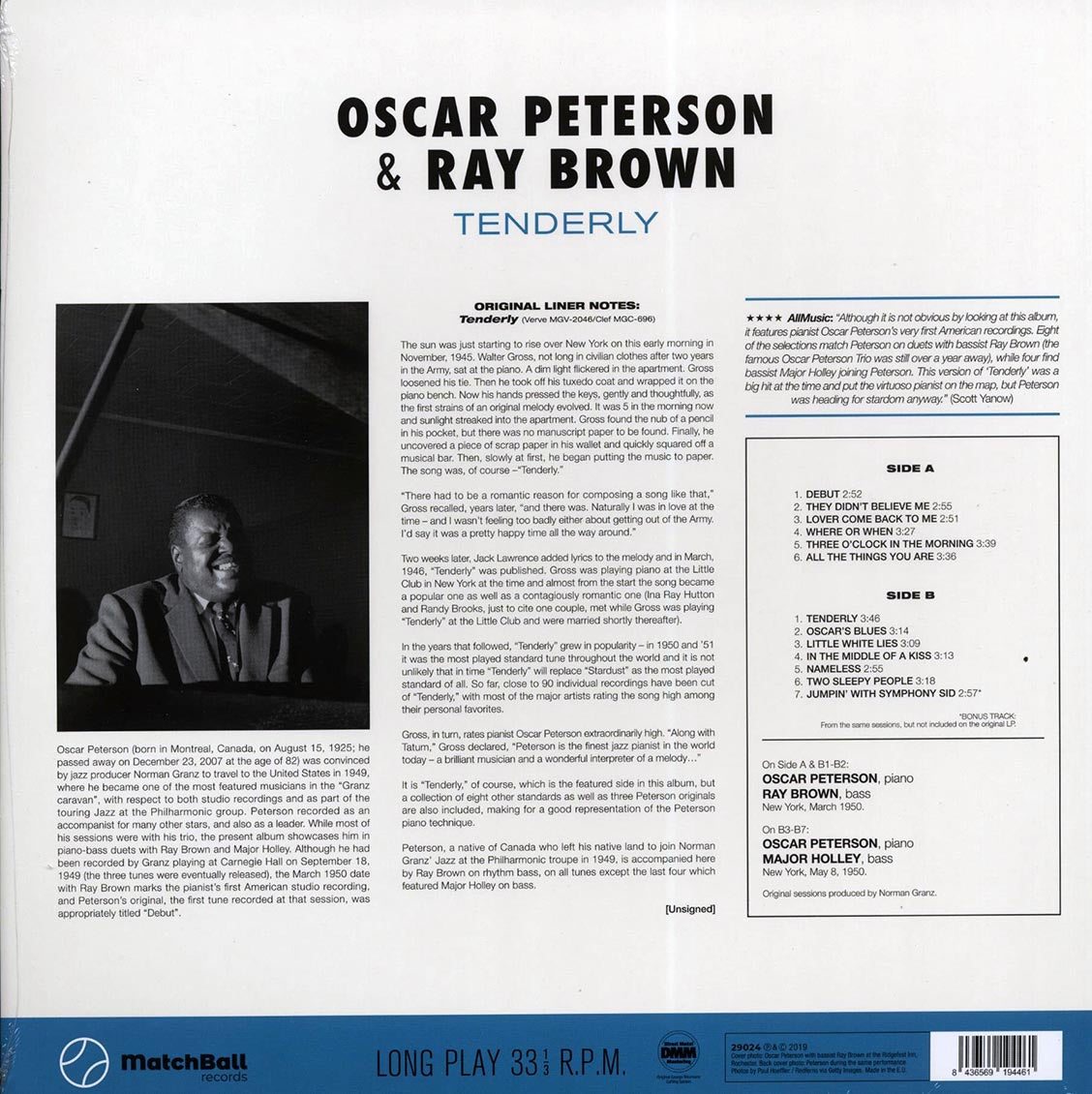 Oscar Peterson, Ray Brown - Tenderly (+bonus track) (ltd. ed.) (180g) vinyl LP back cover