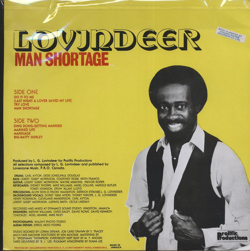 Lovindeer - Man Shortage (Jamaica press) (orig. press) vinyl LP back cover