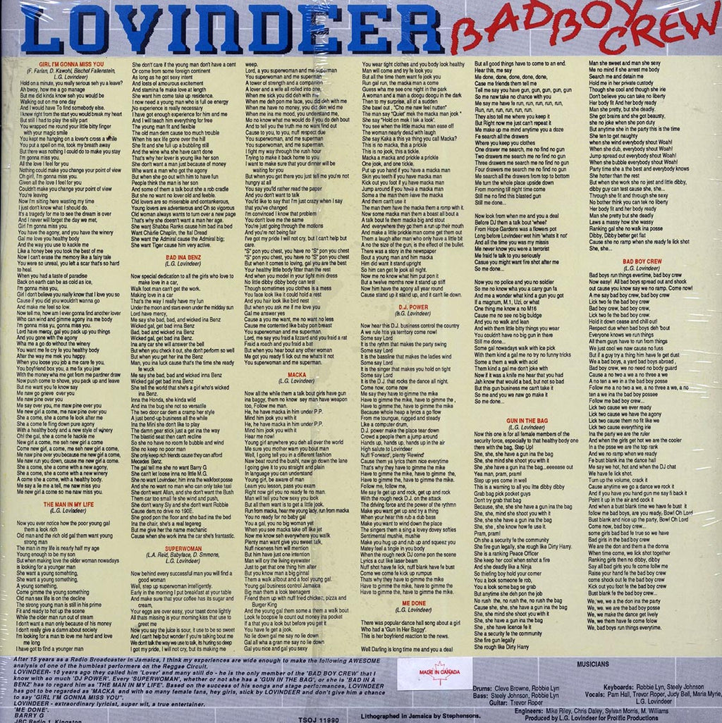 Lovindeer - Bad Boy Crew (Jamaica press) (orig. press) vinyl LP back cover