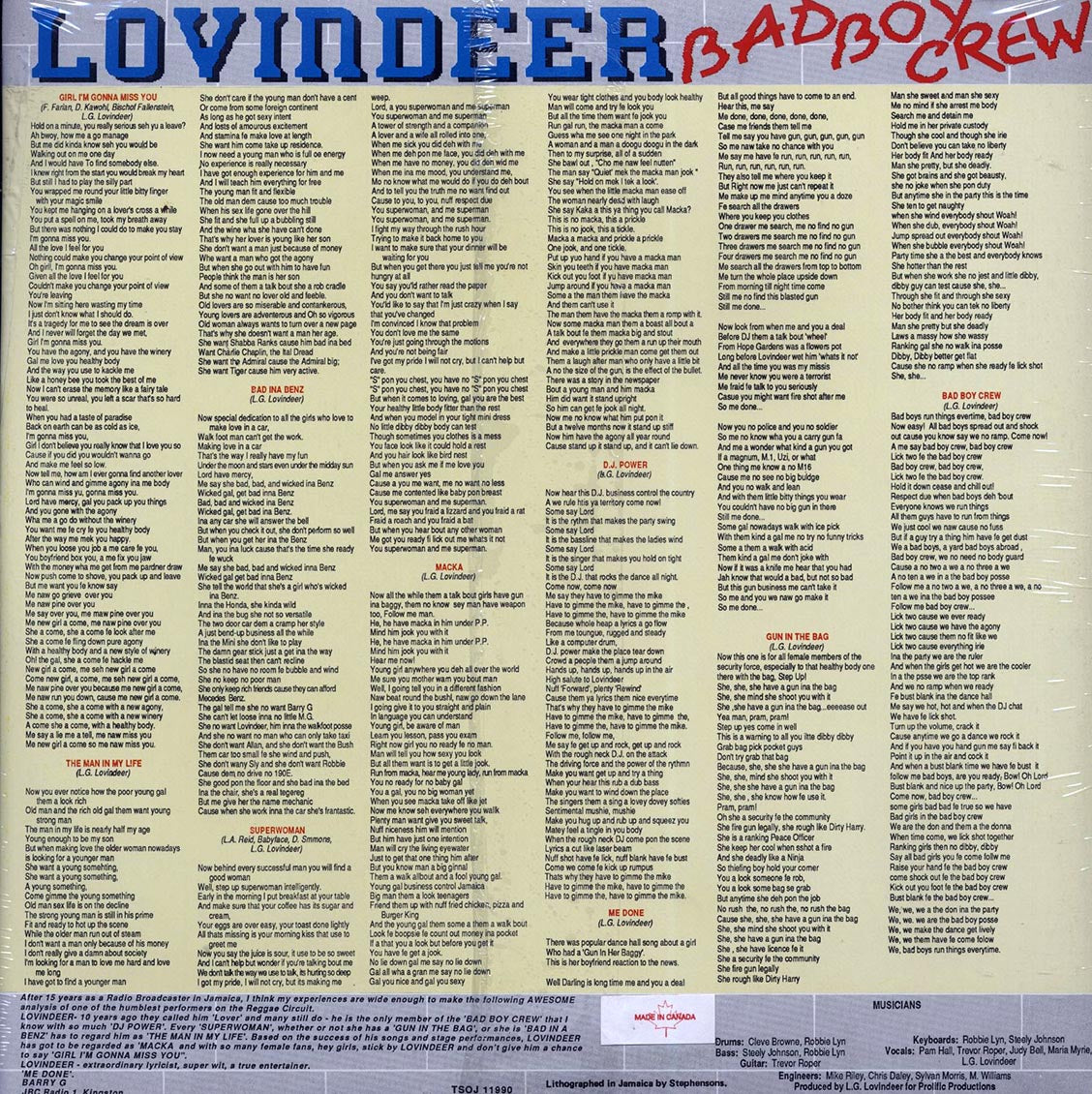 Lovindeer - Bad Boy Crew (Jamaica press) (orig. press) vinyl LP back cover