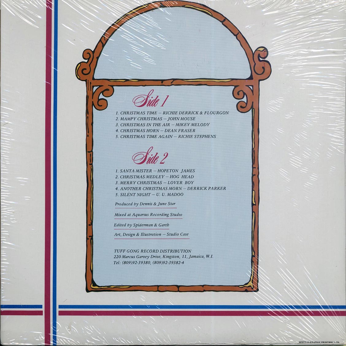 Derrick Parker, John Mouse, Hopeton James, Hog Head, UU Madoo, Etc. - Dennis Star And Family At Christmas (Jamaica press) (orig. press) vinyl LP back cover