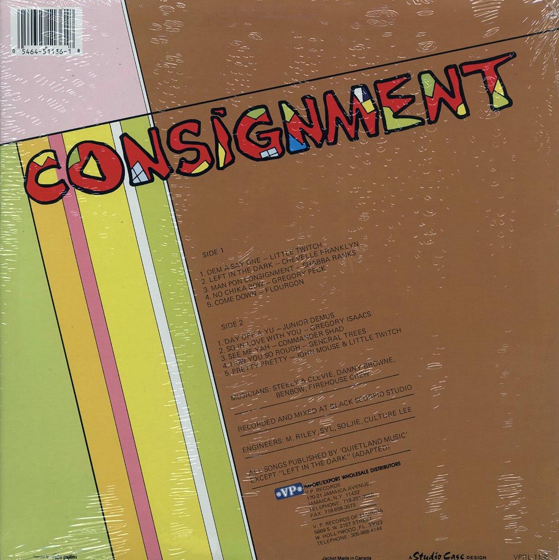 Shabba Ranks, Gregory Isaacs, Gregory Peck, Jr. Demus, Etc. - Consignment Dancehall Mix (rhythm: "Up Park Camp / Get In The Groove") (orig. press) vinyl LP back cover
