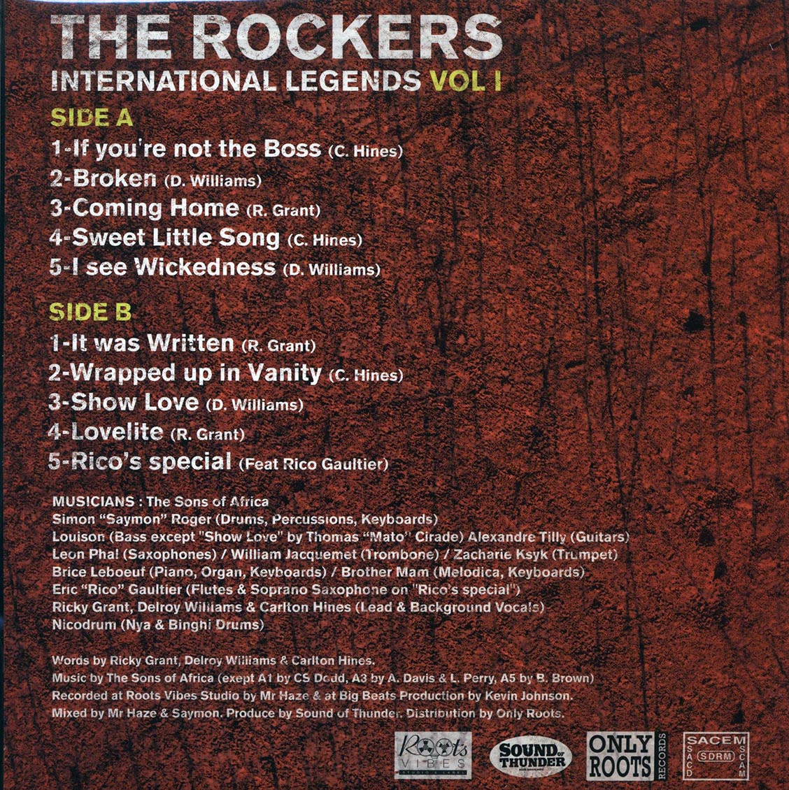 Delroy Williams, Carlton Tetrack Hines, Ricky Grant - The Rockers International Legends Showcase Volume 1 vinyl LP back cover