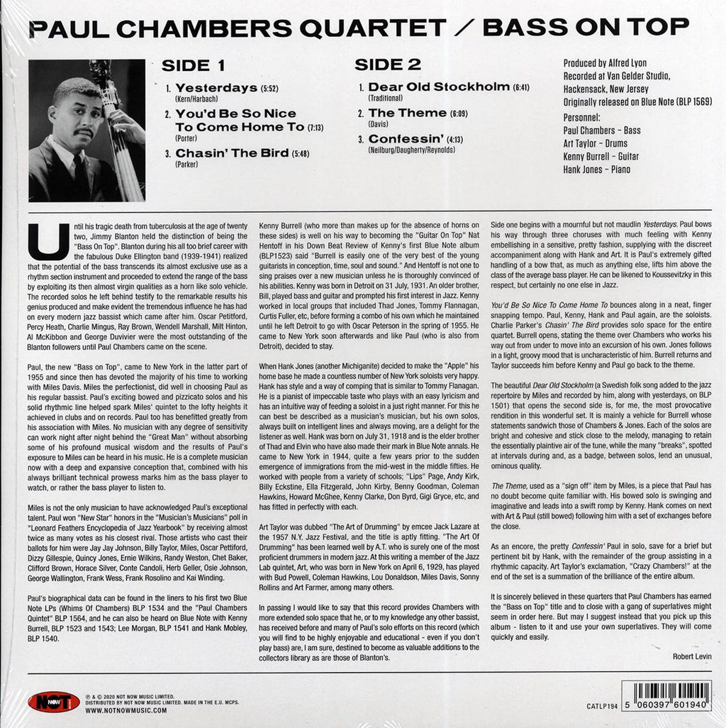 Paul Chamber Quartet - Bass On Top (180g) (remastered) vinyl LP back cover