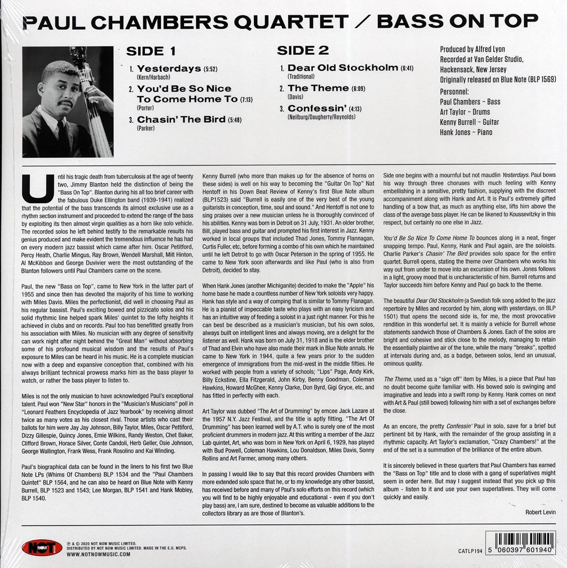 Paul Chamber Quartet - Bass On Top (180g) (remastered) vinyl LP back cover