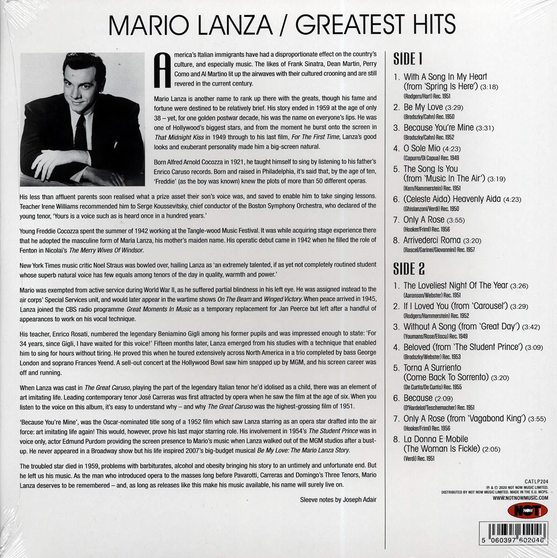 Mario Lanza - Greatest Hits (180g) vinyl LP back cover
