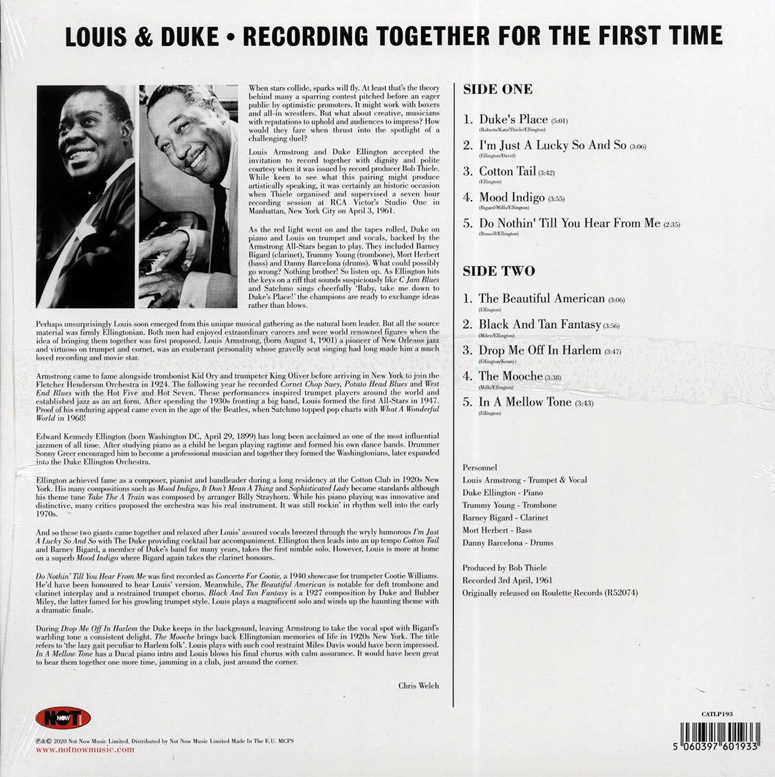 Louis Armstrong, Duke Ellington - Recording Together For The First Time (180g) vinyl LP back cover