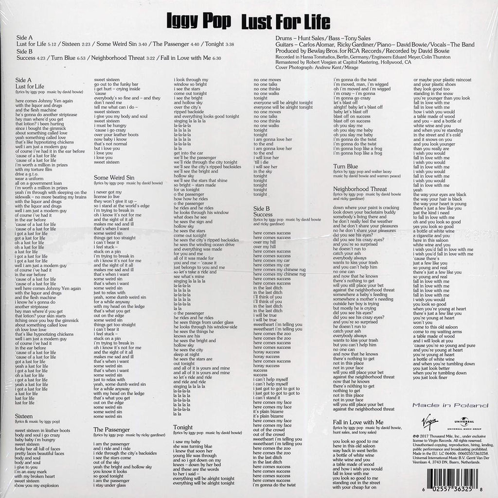 Iggy Pop - Lust For Life (180g) vinyl LP back cover