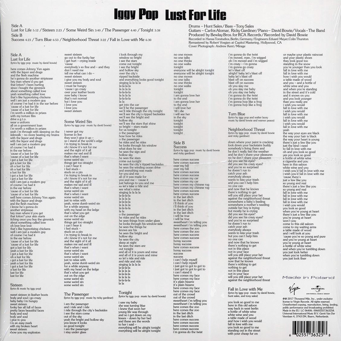 Iggy Pop - Lust For Life (180g) vinyl LP back cover