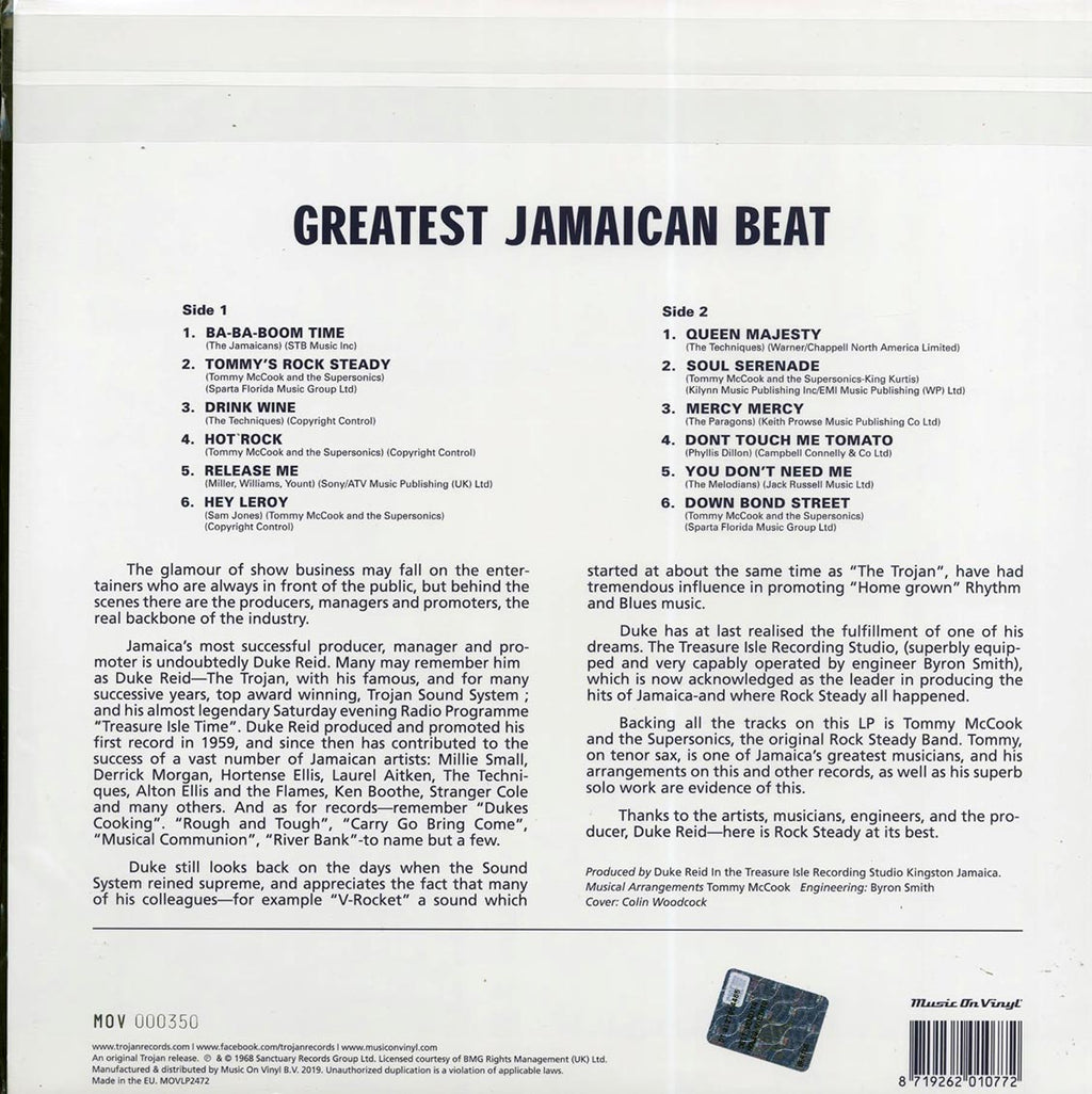 Phyllis Dillon, Tommy McCook & The Supersonics, The Melodians, Etc. - Greatest Jamaican Beat: Rock Steady Baba Boom Time (ltd. 750 copies made) (180g) (orange vinyl) (audiophile) vinyl LP back cover