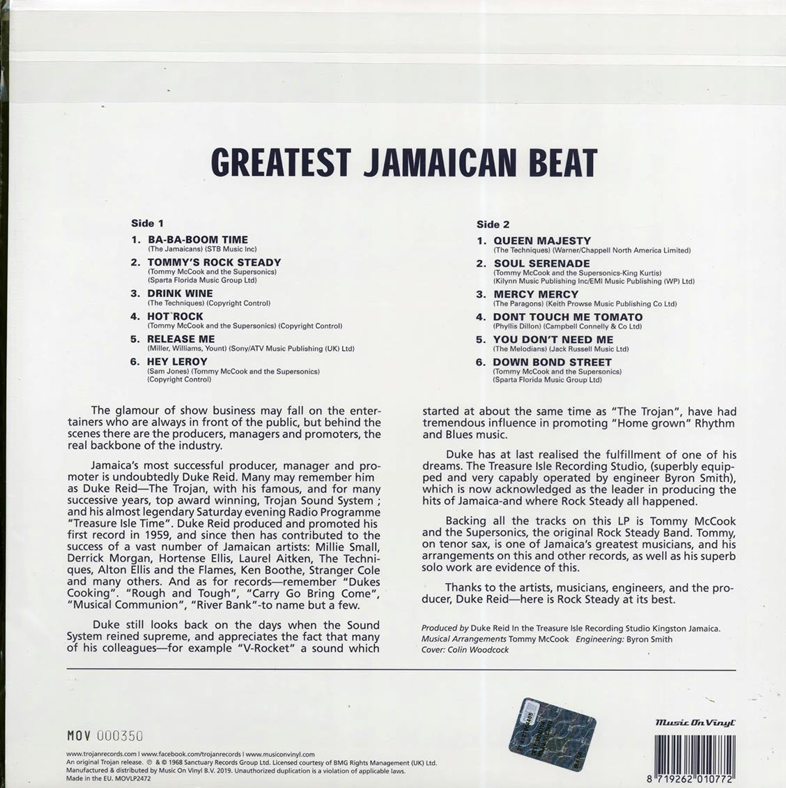 Phyllis Dillon, Tommy McCook & The Supersonics, The Melodians, Etc. - Greatest Jamaican Beat: Rock Steady Baba Boom Time (ltd. 750 copies made) (180g) (orange vinyl) (audiophile) vinyl LP back cover