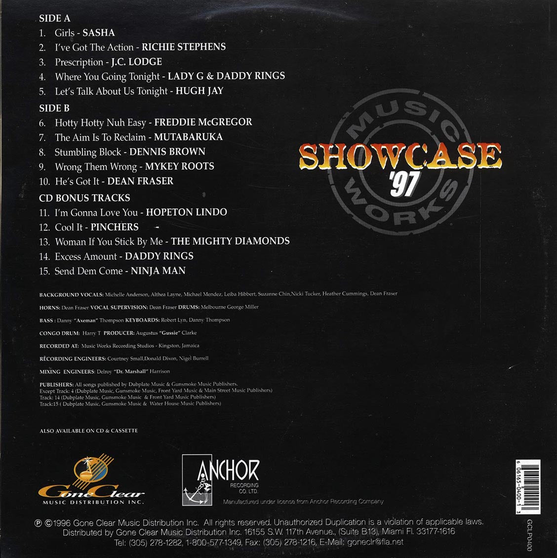 Dennis Brown, Freddie McGregor, Richie Stephens, Etc. - Music Works Showcase '97 (Jamaica press) (orig. press) vinyl LP back cover