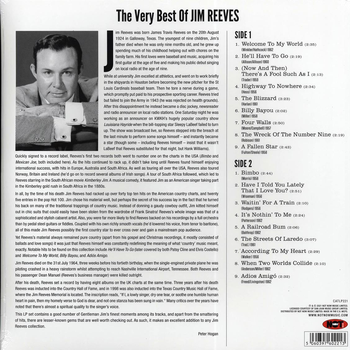 Jim Reeves - The Very Best Of Jim Reeves (180g) vinyl LP back cover