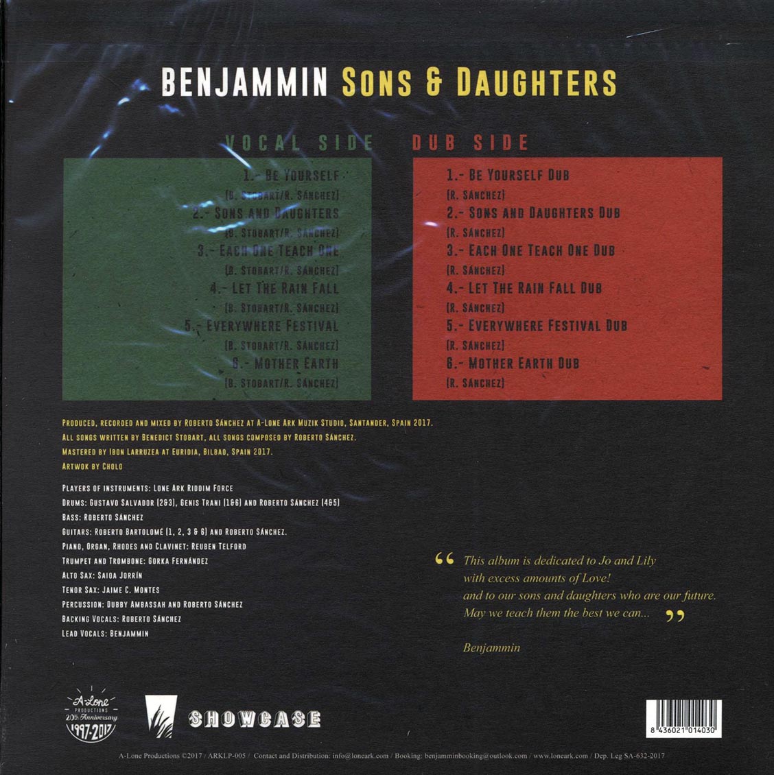 Benjammin - Sons & Daughters Showcase: Vocals & Dubs vinyl LP back cover