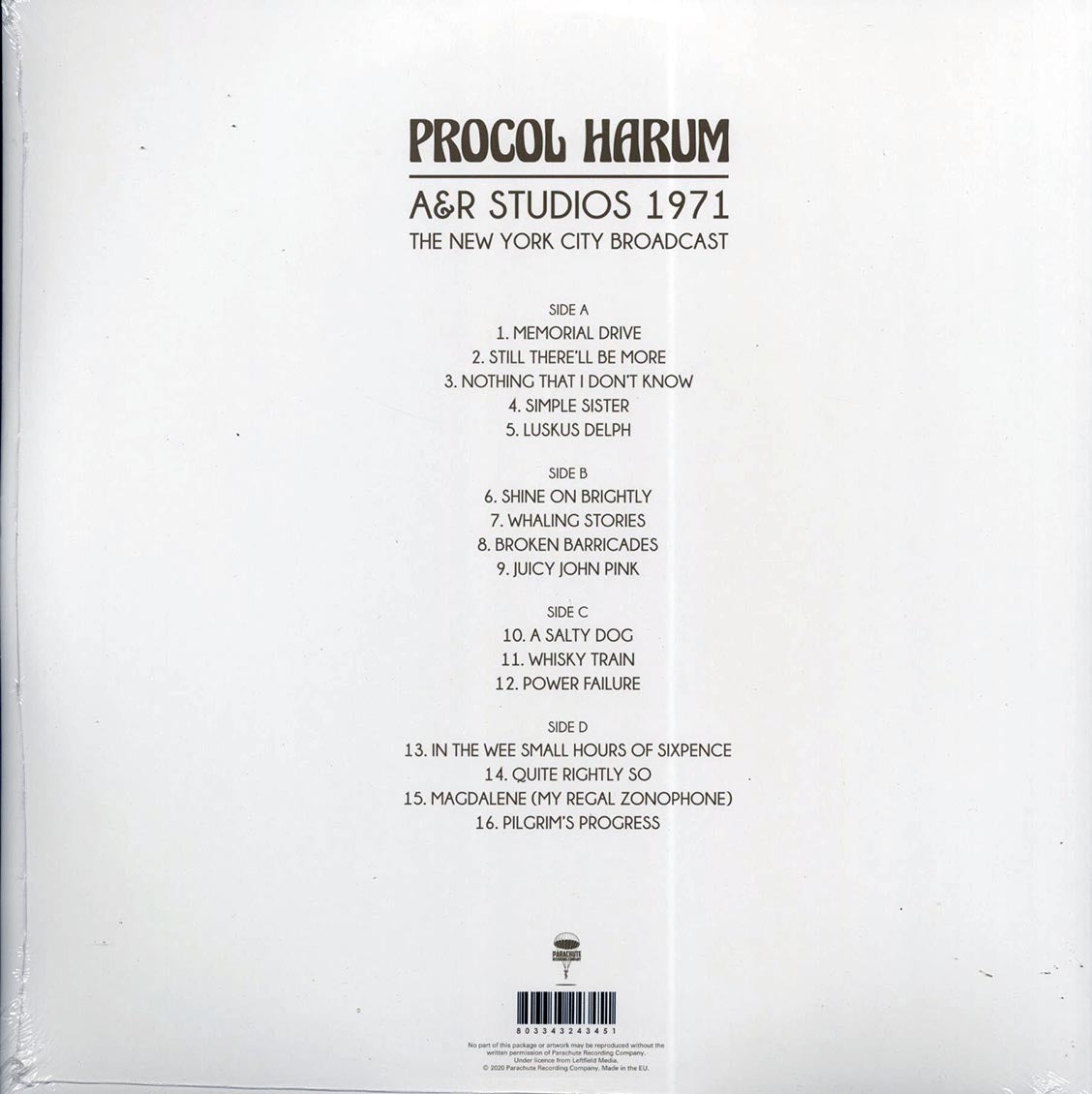 Procol Harum - A&R Studios 1971: The New York City Broadcast (ltd. ed.) (2xLP) vinyl LP back cover