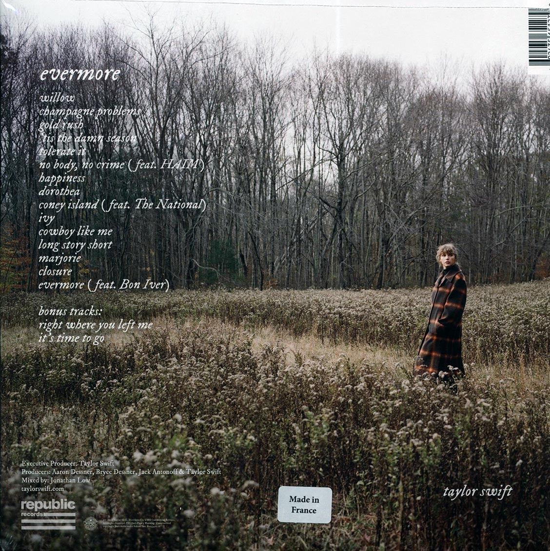 Taylor Swift - Evermore (+2 bonus tracks) (2xLP) (green vinyl) vinyl LP back cover