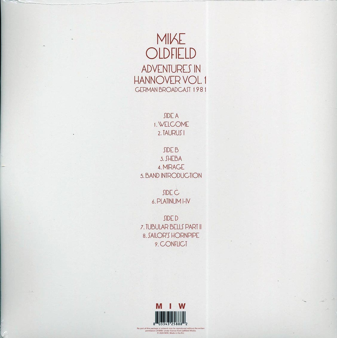 Mike Oldfield - Adventures In Hannover Volume 1: German Broadcast 1981 (2xLP) vinyl LP back cover
