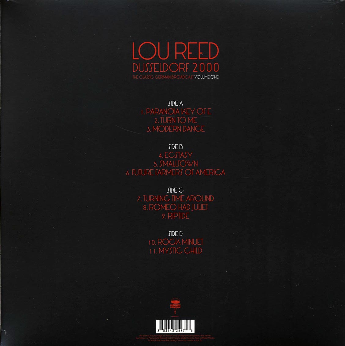 Lou Reed - Dusseldorf 2000 Volume 1: The Classic German Broadcast (2xLP) vinyl LP back cover