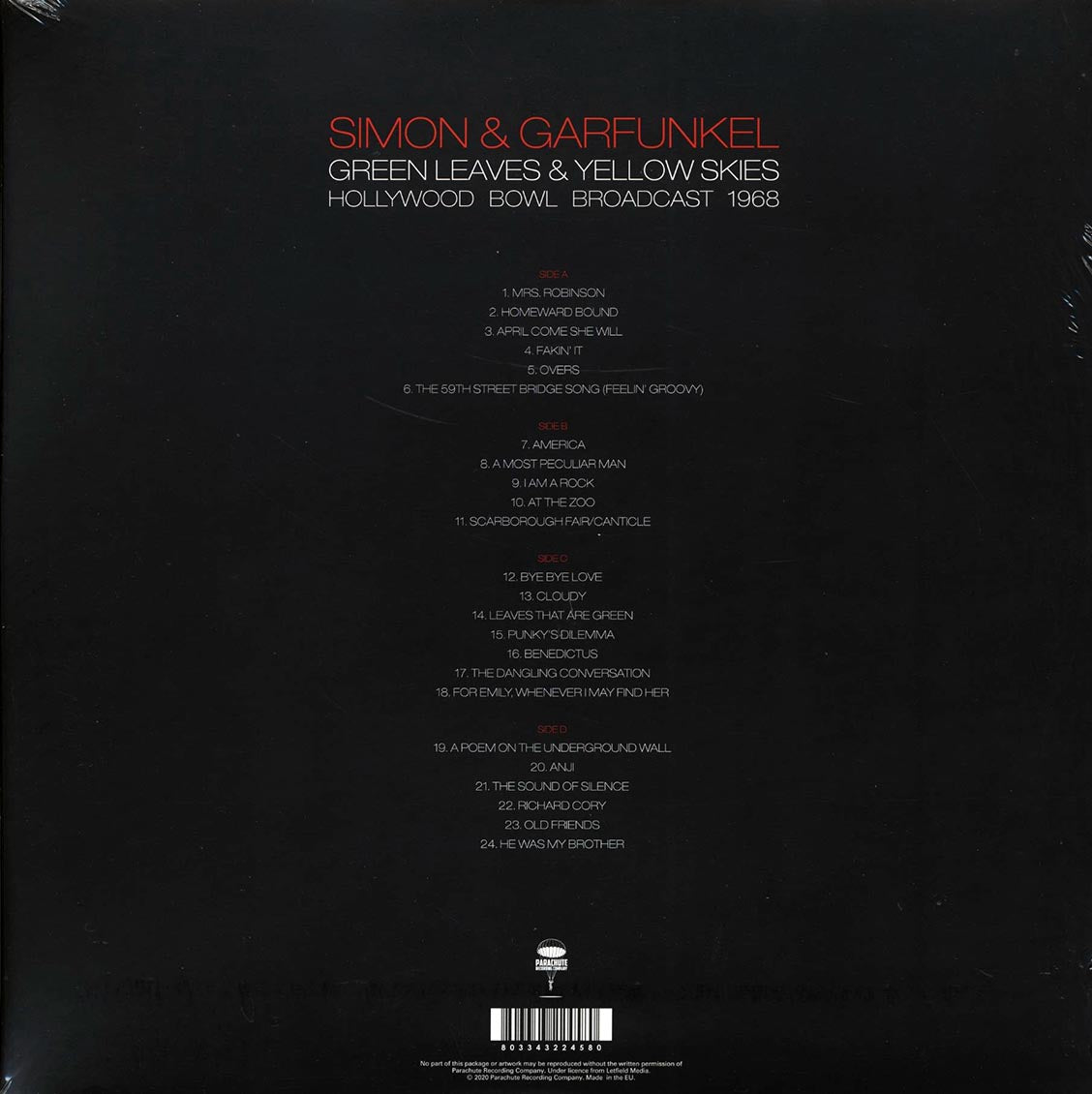 Simon & Garfunkel - Green Leaves & Yellow Skies: Hollywood Bowl Broadcast 1968 (2xLP) vinyl LP back cover