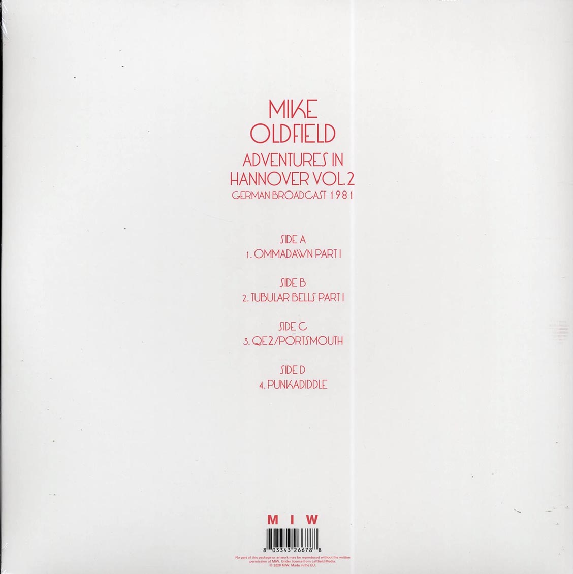 Mike Oldfield - Adventures In Hannover Volume 2: German Broadcast 1981 (2xLP) vinyl LP back cover