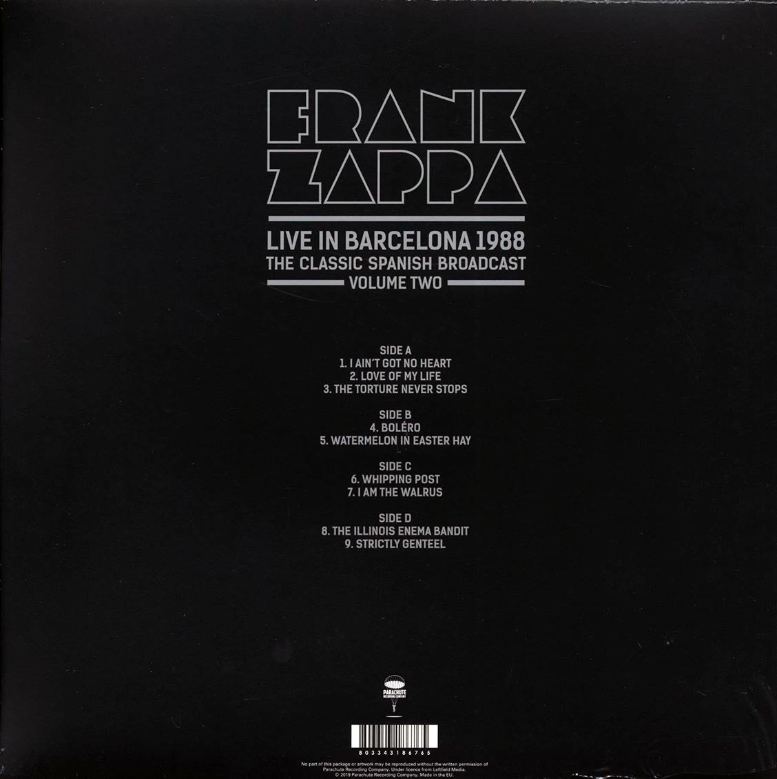 Frank Zappa - Live In Barcelona 1988 Volume 2: The Classic Spanish Broadcast (2xLP) (red vinyl) vinyl LP back cover