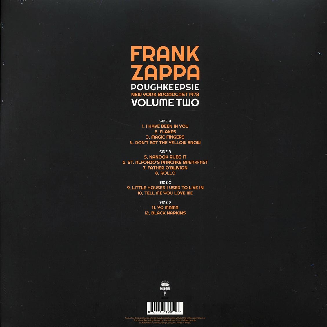 Frank Zappa - Poughkeepsie Volume 2: New York Broadcast 1978 (2xLP) vinyl LP back cover