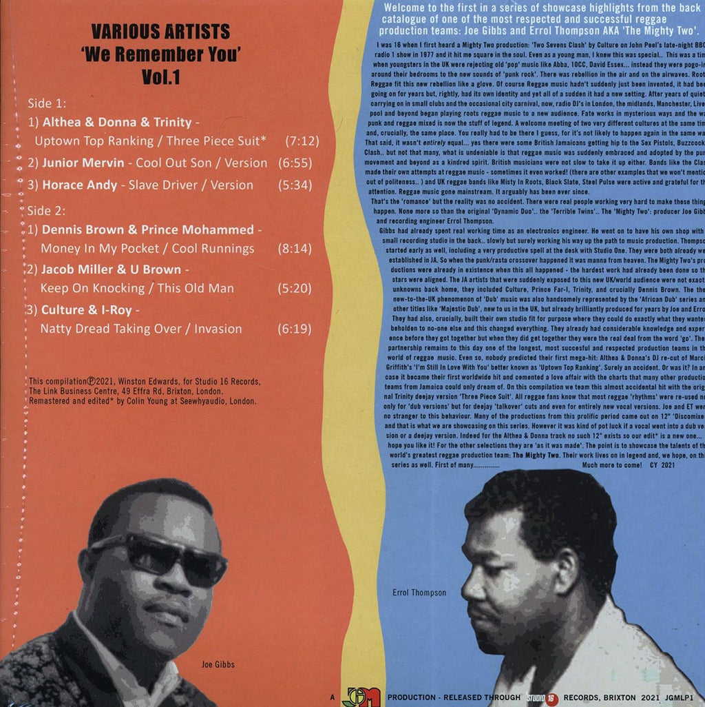 Althea & Donna, Horace Andy, Jacob Miller, Culture, Etc. - We Remember You Volume 1: The Mighty Two Joe Gibbs & Errol Thompson vinyl LP back cover