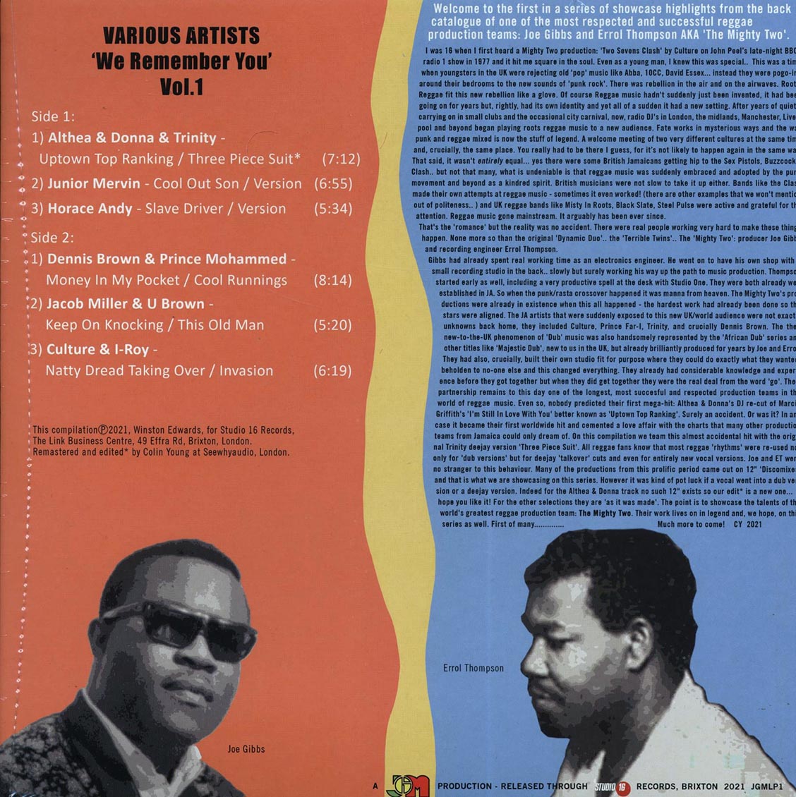 Althea & Donna, Horace Andy, Jacob Miller, Culture, Etc. - We Remember You Volume 1: The Mighty Two Joe Gibbs & Errol Thompson vinyl LP back cover